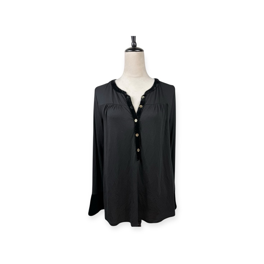 Boden Nadien Elegant Black Velvet trim button Blouse